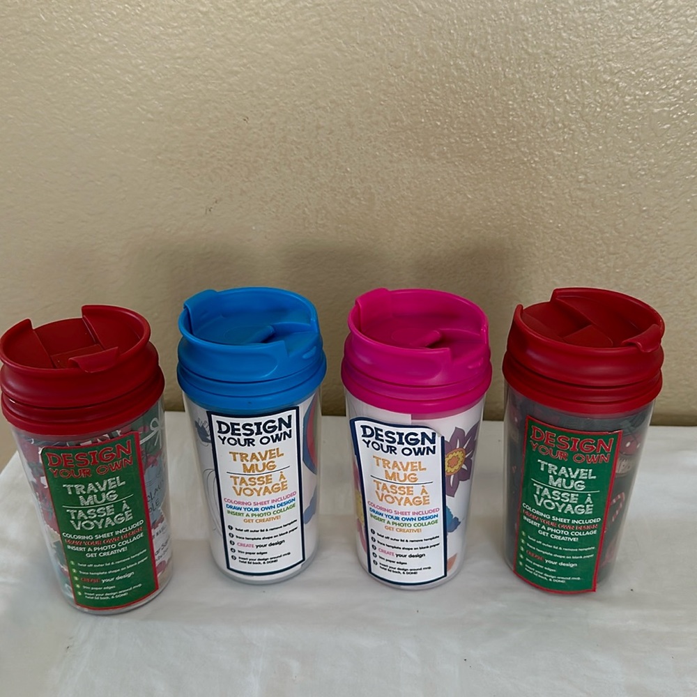 Travel Mugs For Kids. Pack of 4. .8oz Each. Color Lids in Red, Blue, & Pink.